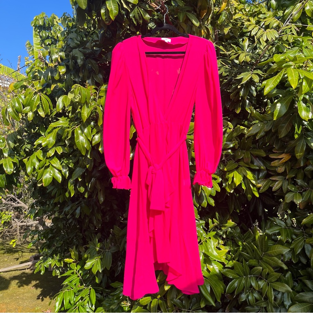 LPA hot pink fuschia sheer puff long sleeve belted midi dress